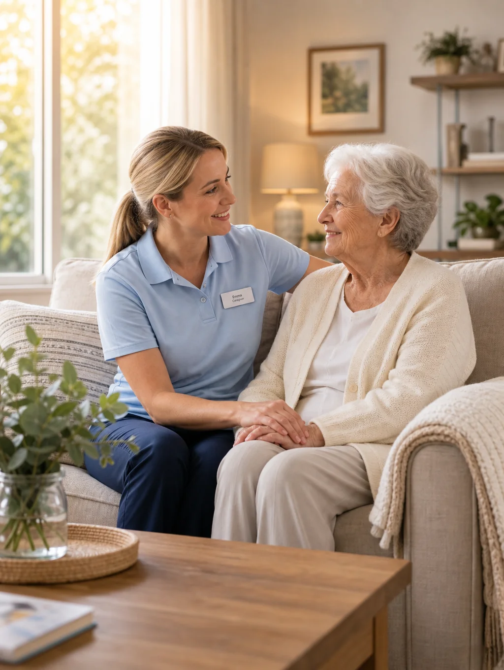 Compassionate aged care worker assisting an elderly resident