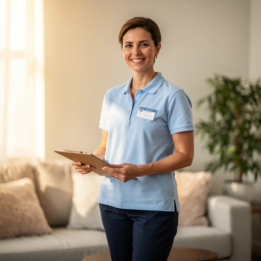 Compassionate care worker smiling during a home visit