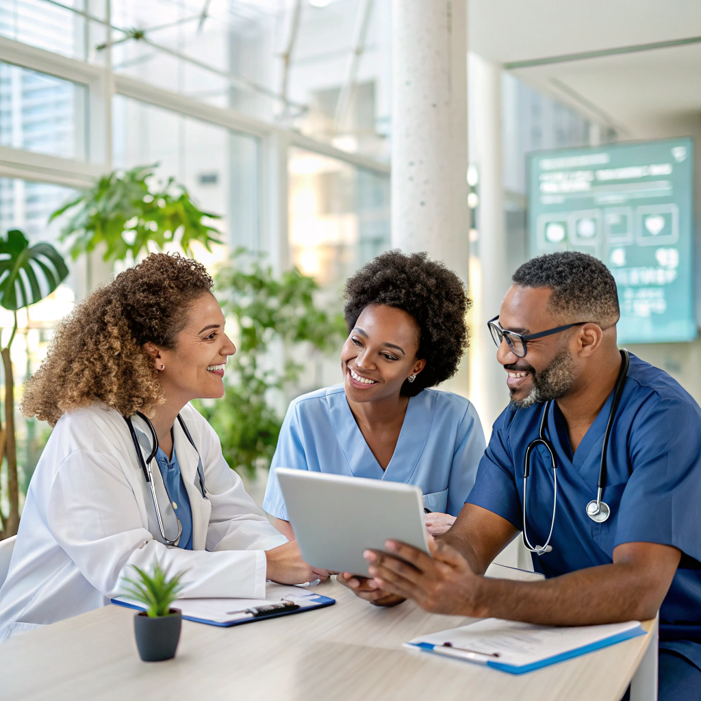 Professional care team discussing care plans in a bright office